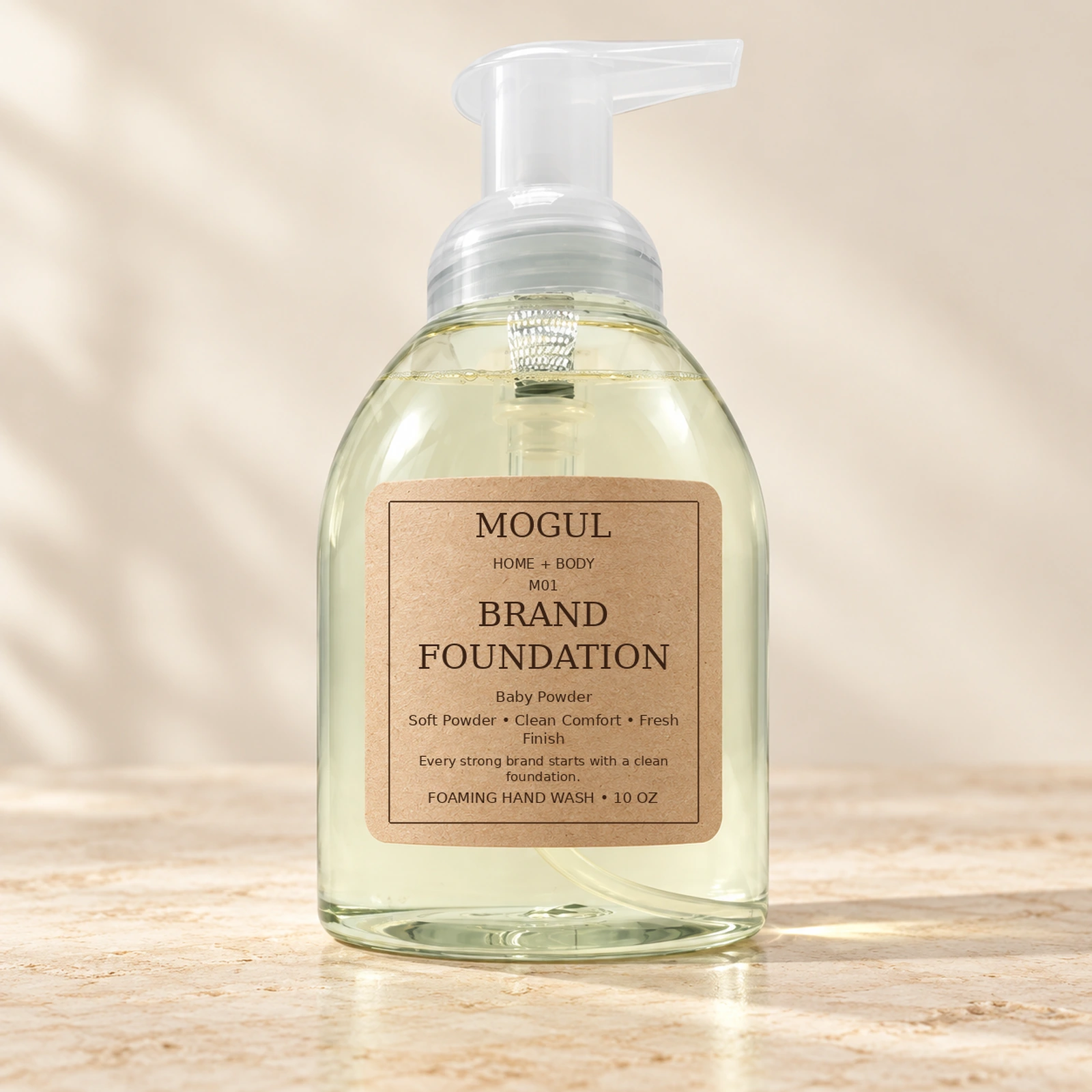 M01 BRAND FOUNDATION Foaming Hand Wash, 10 oz — packaging mockup with MOGUL HOME + BODY kraft label