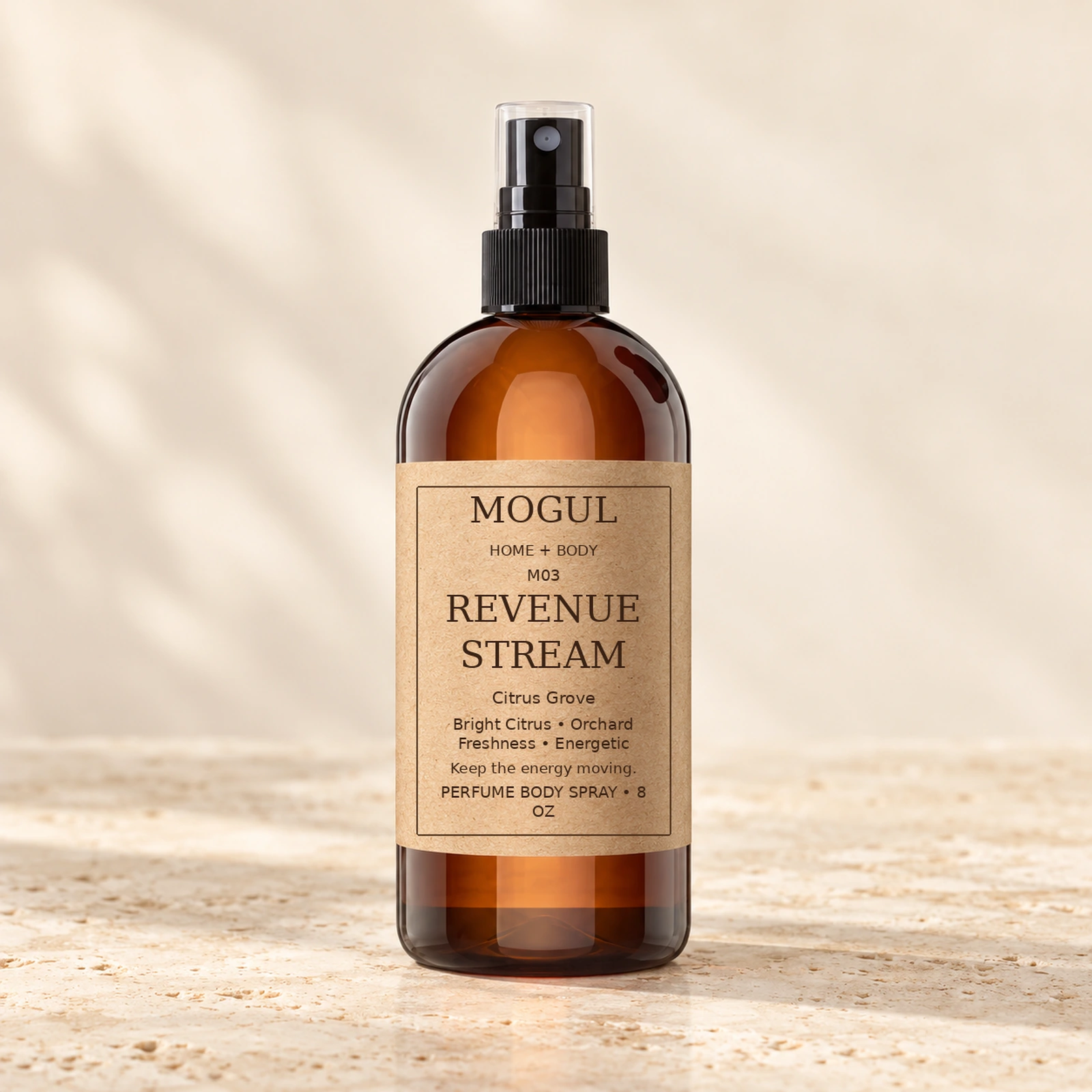 M03 REVENUE STREAM Perfume Body Spray, 8 oz — packaging mockup with MOGUL HOME + BODY kraft label