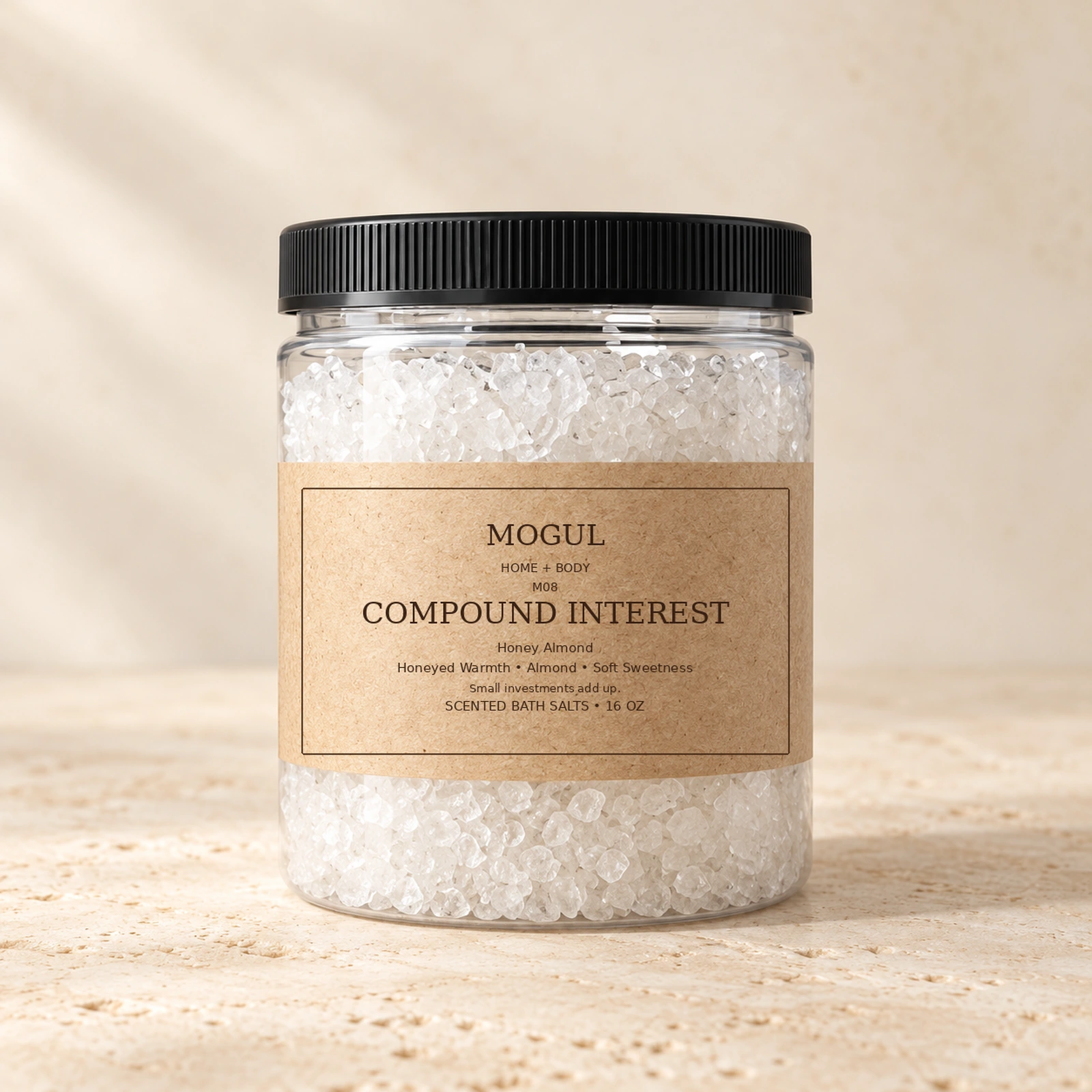 M08 COMPOUND INTEREST Scented Bath Salts, 16 oz — packaging mockup with MOGUL HOME + BODY kraft label