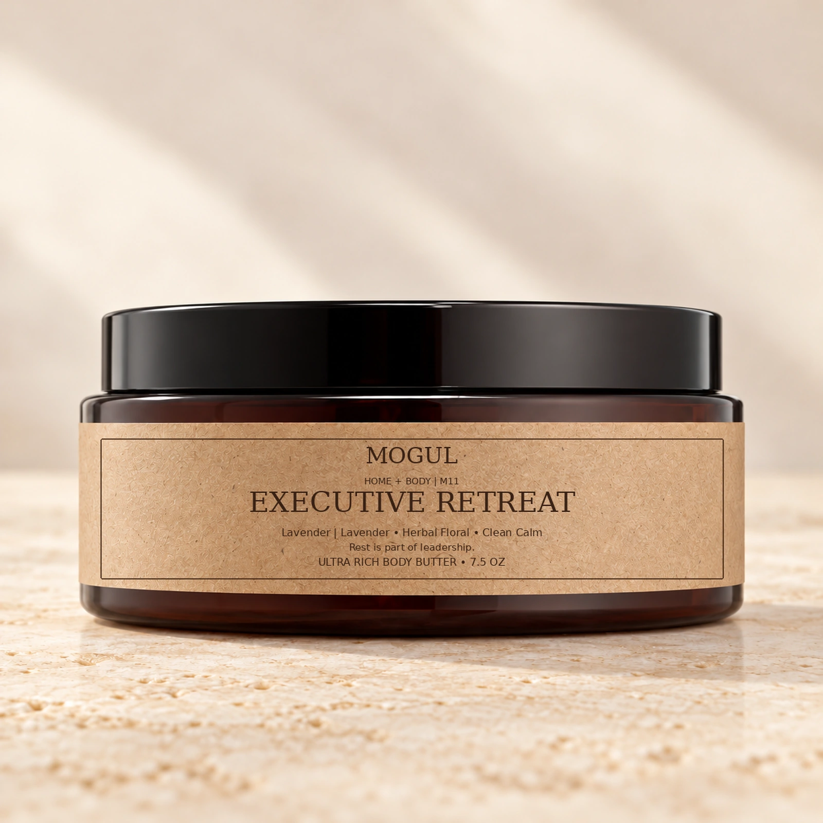 M11 EXECUTIVE RETREAT Ultra Rich Body Butter, 7.5 oz — packaging mockup with MOGUL HOME + BODY kraft label