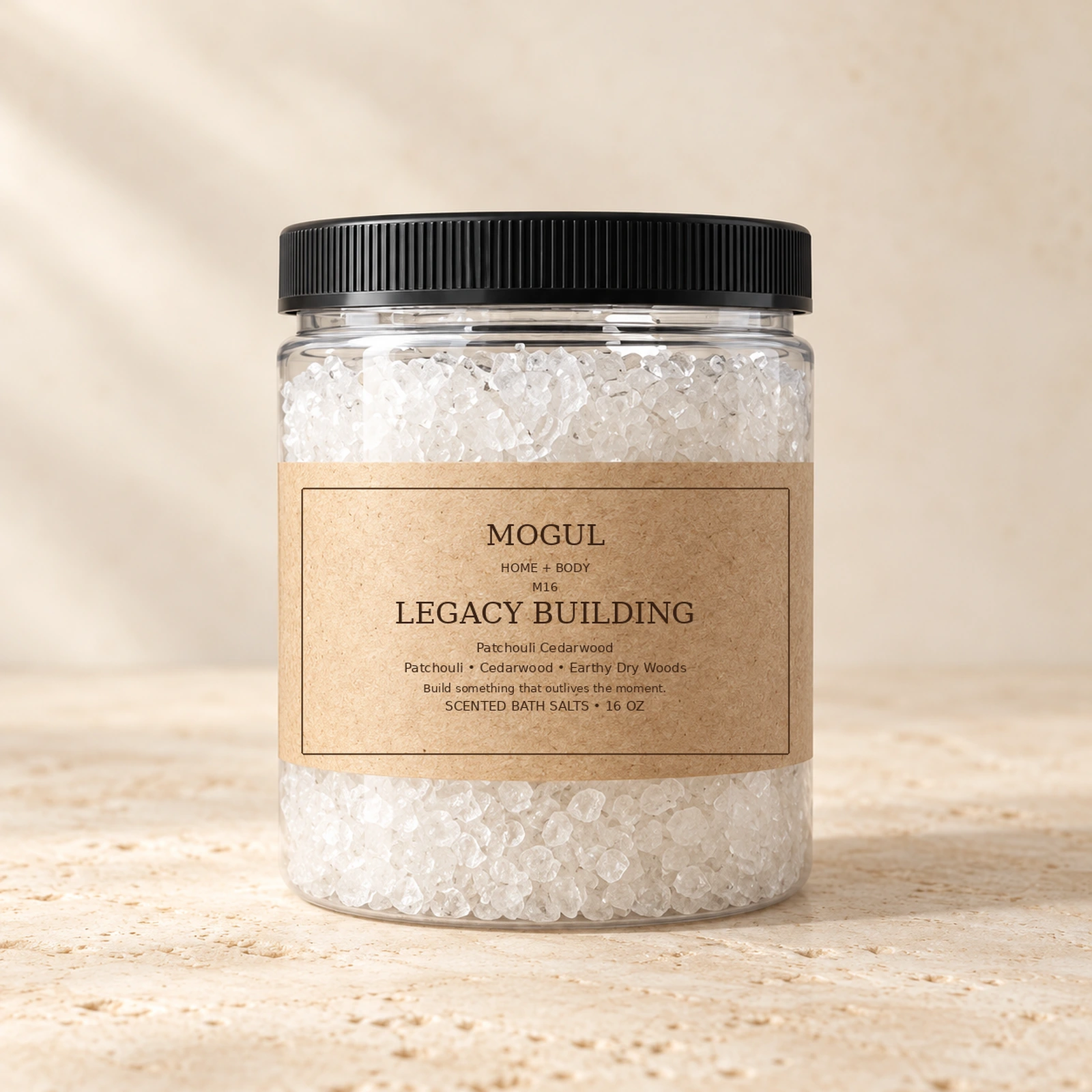 M16 LEGACY BUILDING Scented Bath Salts, 16 oz — packaging mockup with MOGUL HOME + BODY kraft label