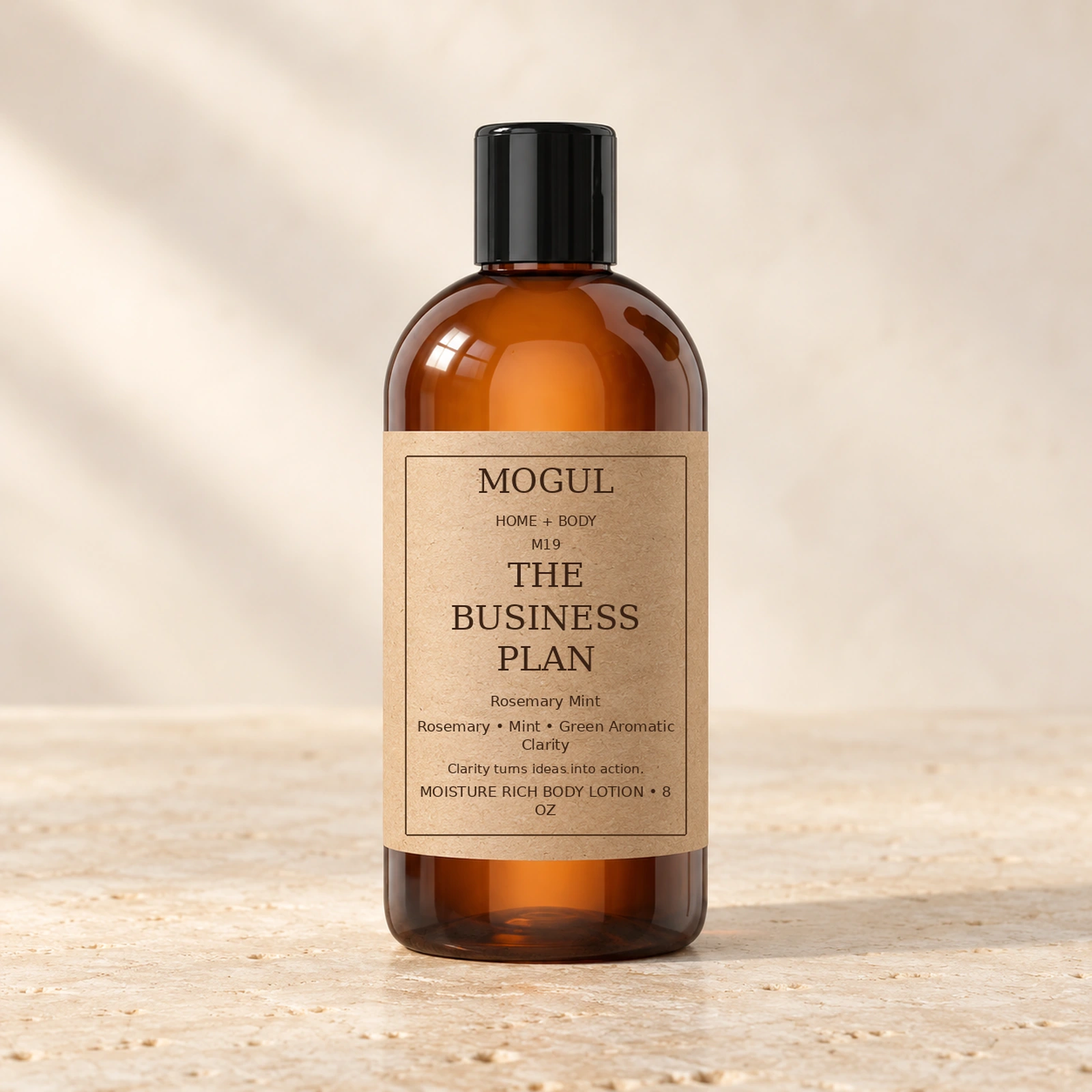 M19 THE BUSINESS PLAN Moisture Rich Body Lotion, 8 oz — packaging mockup with MOGUL HOME + BODY kraft label